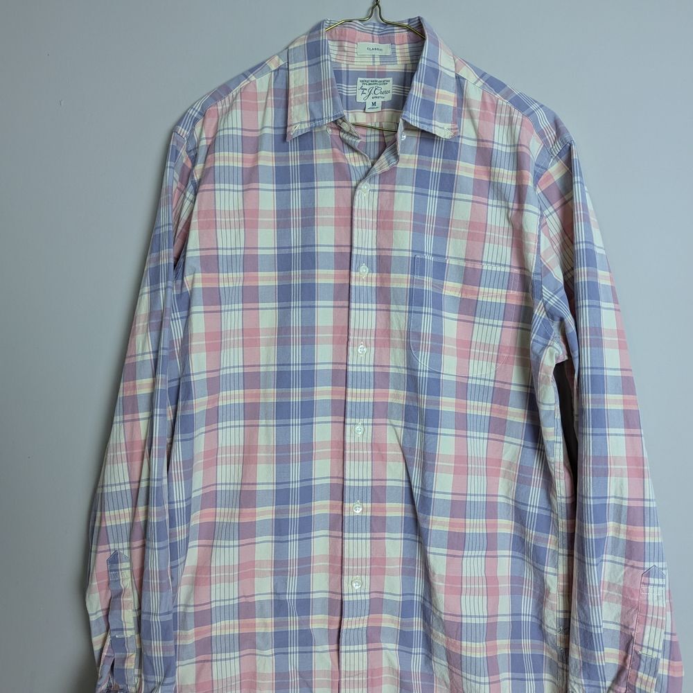 j.crew classic stretch organic cotton secret wash shirting pink purple check M